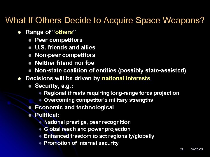 What If Others Decide to Acquire Space Weapons? l l Range of “others” l