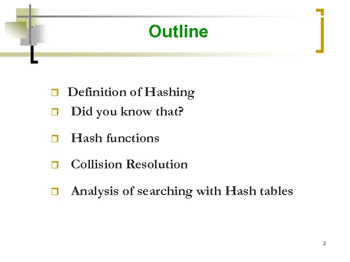 Outline r r Definition of Hashing Did you know that? r Hash functions r