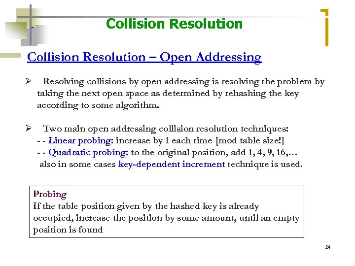Collision Resolution – Open Addressing Ø Resolving collisions by open addressing is resolving the