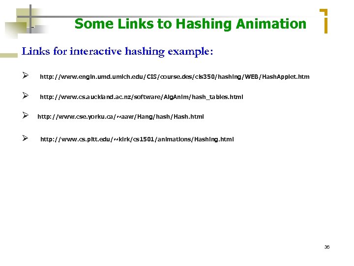 Some Links to Hashing Animation Links for interactive hashing example: Ø http: //www. engin.