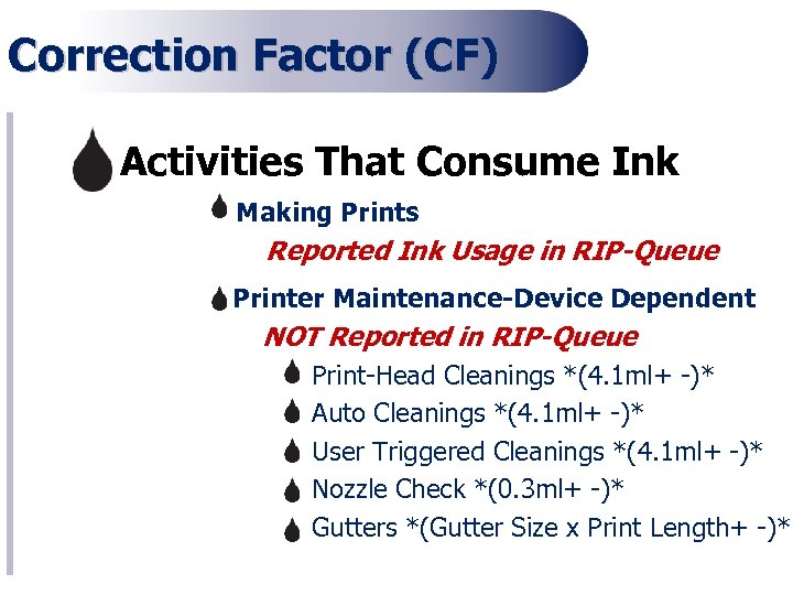 Correction Factor (CF) Activities That Consume Ink Making Prints Reported Ink Usage in RIP-Queue