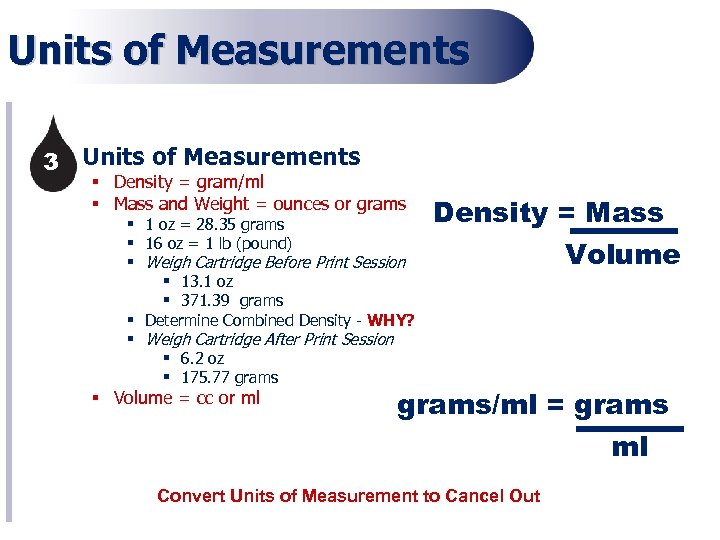 Units of Measurements 3§ Units of Measurements § Density = gram/ml § Mass and