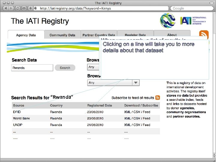 When you search, a list of results is Clicking on a line will take
