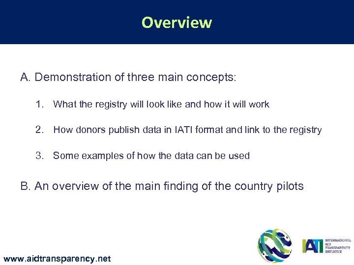 Overview A. Demonstration of three main concepts: 1. What the registry will look like
