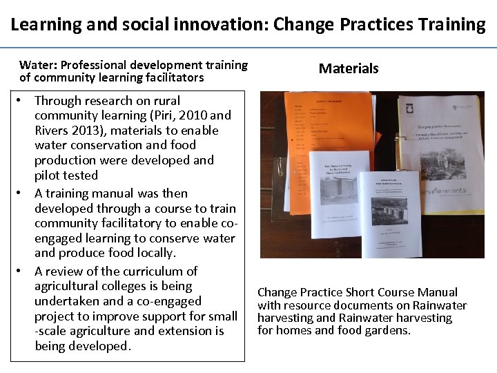 Learning and social innovation: Change Practices Training Water: Professional development training of community learning