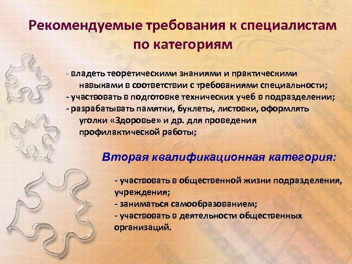 Рекомендуемые требования к специалистам по категориям - владеть теоретическими знаниями и практическими навыками в