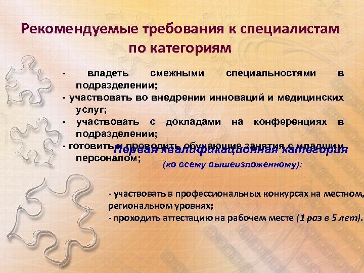 Рекомендуемые требования к специалистам по категориям - владеть смежными специальностями в подразделении; - участвовать