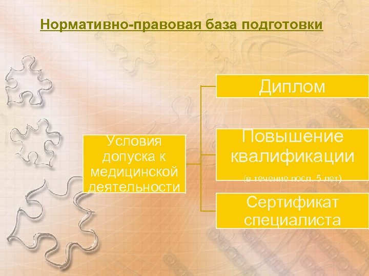 Нормативно-правовая база подготовки Диплом Условия допуска к медицинской деятельности Повышение квалификации (в течение посл.