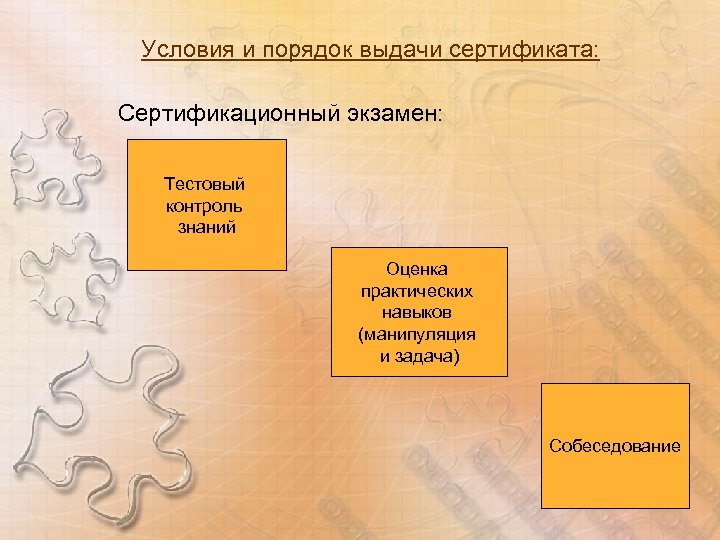 Условия и порядок выдачи сертификата: Сертификационный экзамен: Тестовый контроль знаний Оценка практических навыков (манипуляция