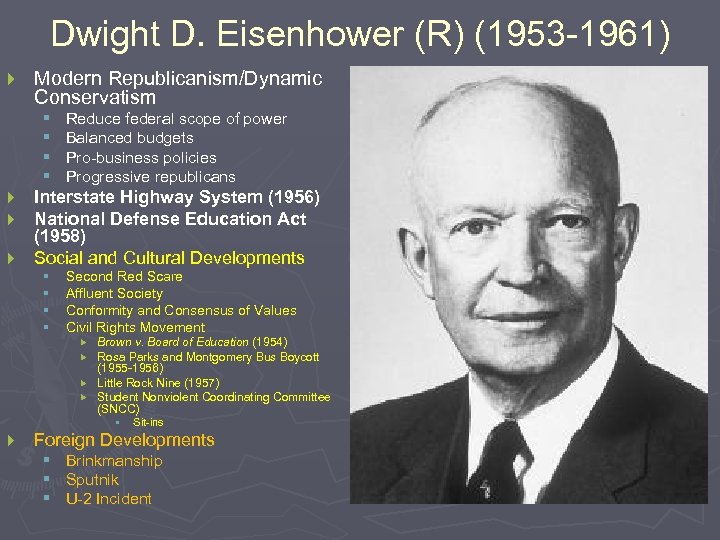 Dwight D. Eisenhower (R) (1953 -1961) } Modern Republicanism/Dynamic Conservatism § § } }