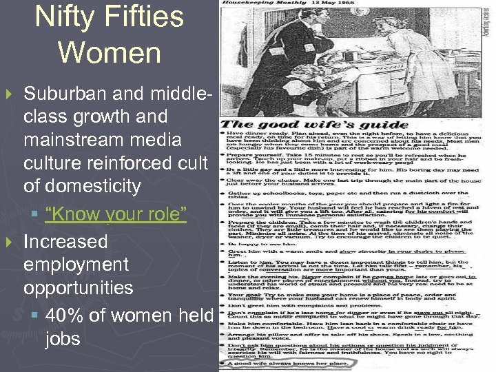 Nifty Fifties Women Suburban and middleclass growth and mainstream media culture reinforced cult of