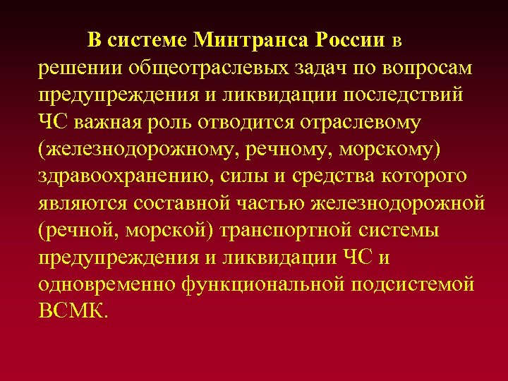 В системе Минтранса России в решении общеотраслевых задач по вопросам предупреждения и ликвидации последствий