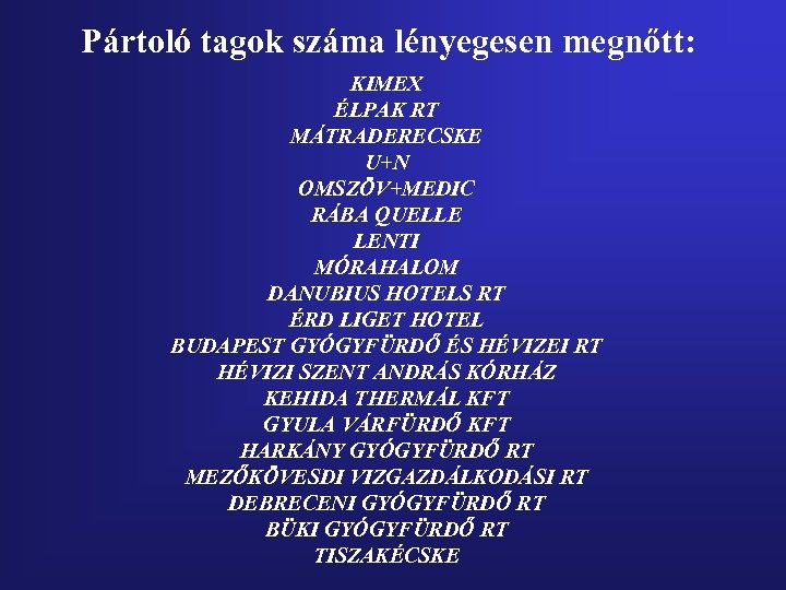 Pártoló tagok száma lényegesen megnőtt: KIMEX ÉLPAK RT MÁTRADERECSKE U+N OMSZÖV+MEDIC RÁBA QUELLE LENTI
