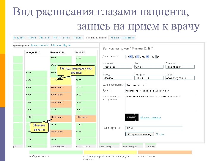 Вид расписания глазами пациента, запись на прием к врачу Неподтвержденная заявка Ячейка занята 