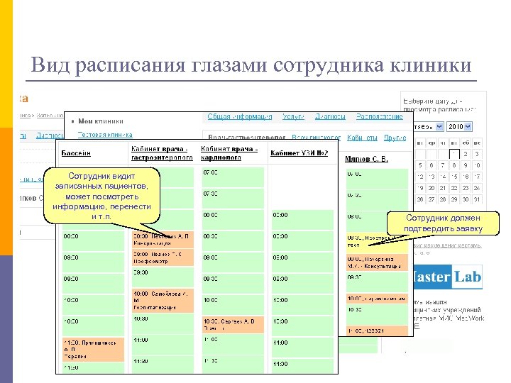 Вид расписания глазами сотрудника клиники Сотрудник видит записанных пациентов, может посмотреть информацию, перенести и