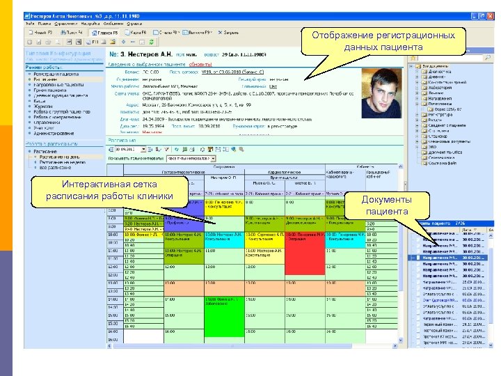Отображение регистрационных данных пациента Интерактивная сетка расписания работы клиники Документы пациента 