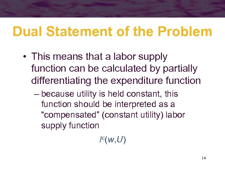 Dual Statement of the Problem • This means that a labor supply function can