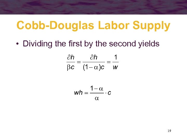 Cobb-Douglas Labor Supply • Dividing the first by the second yields 19 