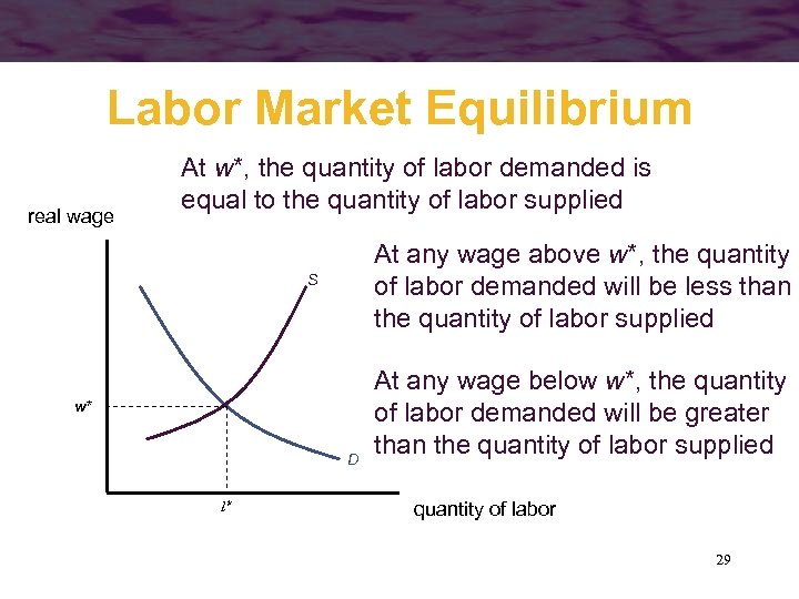 Labor Market Equilibrium real wage At w*, the quantity of labor demanded is equal
