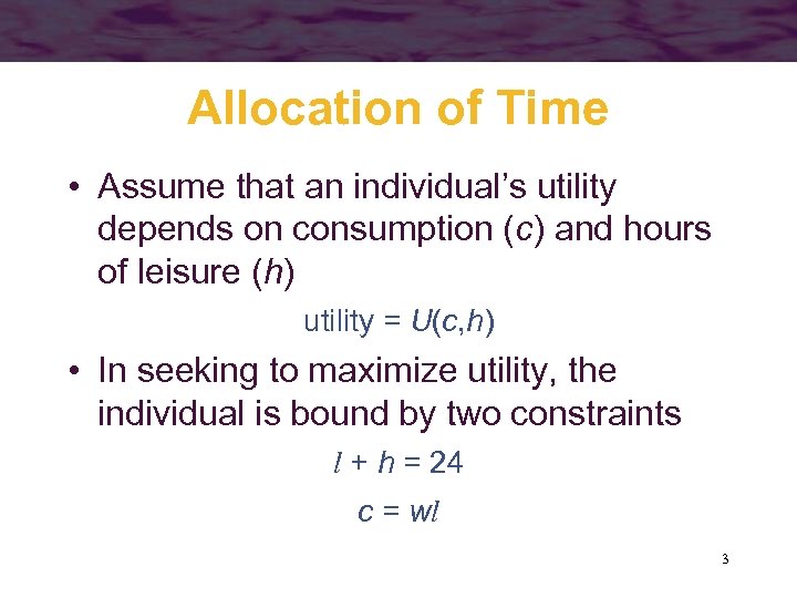 Allocation of Time • Assume that an individual’s utility depends on consumption (c) and