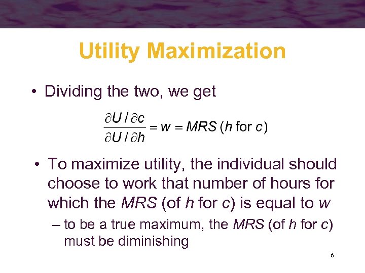 Utility Maximization • Dividing the two, we get • To maximize utility, the individual