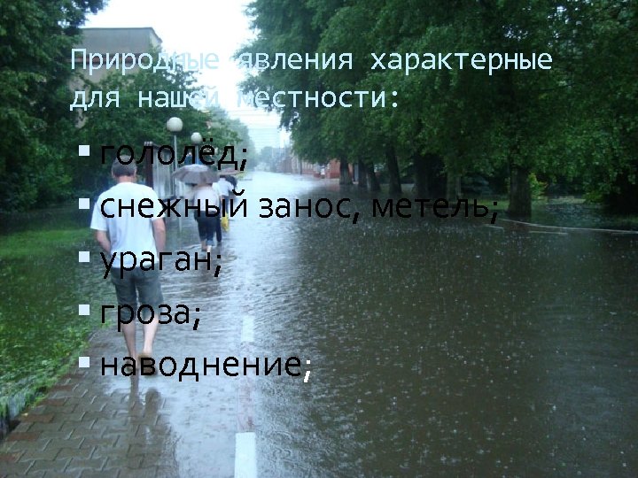 Природные явления характерные для нашей местности: гололёд; снежный занос, метель; ураган; гроза; наводнение; 