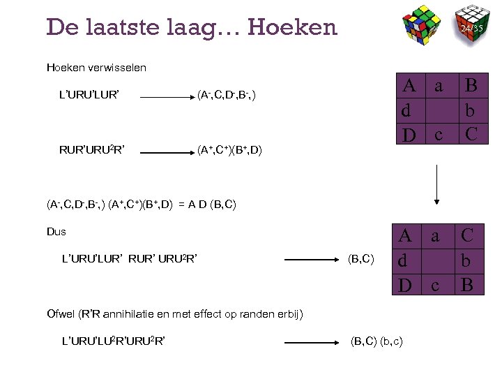De laatste laag… Hoeken 24/35 Hoeken verwisselen L’URU’LUR’ RUR’URU 2 R’ A a d