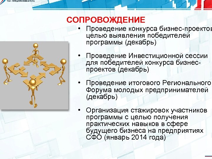СОПРОВОЖДЕНИЕ • Проведение конкурса бизнес-проектов целью выявления победителей программы (декабрь) • Проведение Инвестиционной сессии
