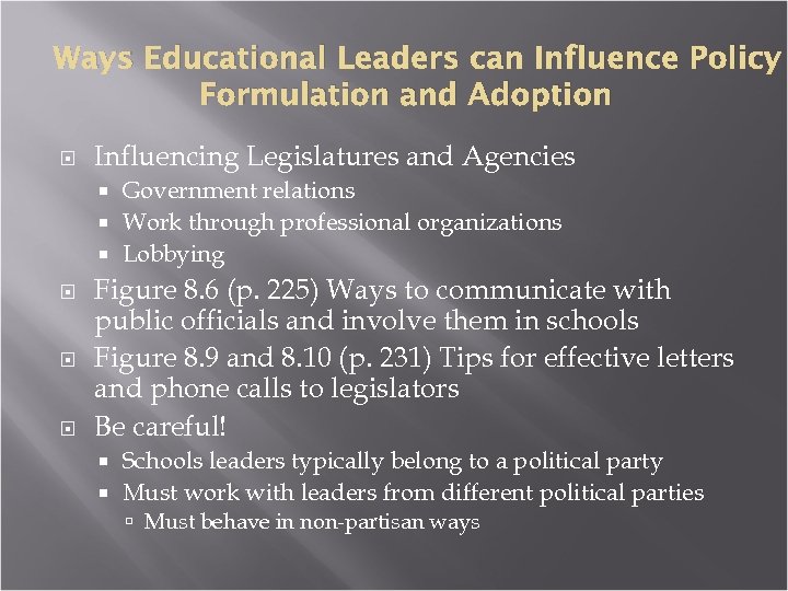 Ways Educational Leaders can Influence Policy Formulation and Adoption Influencing Legislatures and Agencies Government