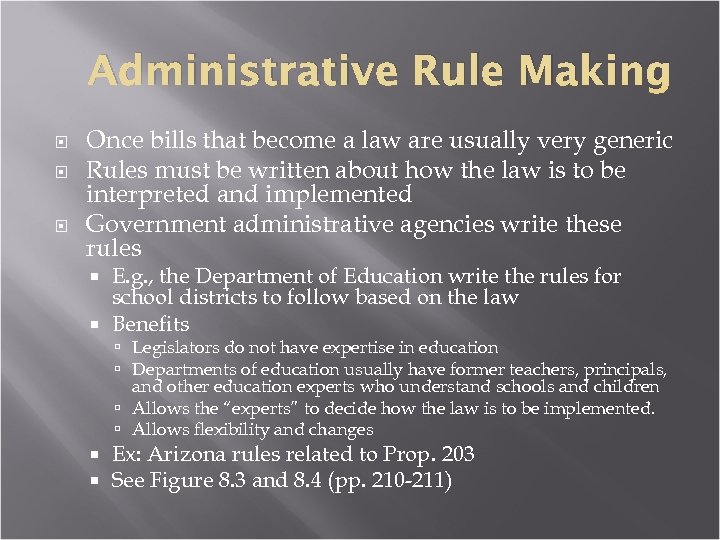 Administrative Rule Making Once bills that become a law are usually very generic Rules