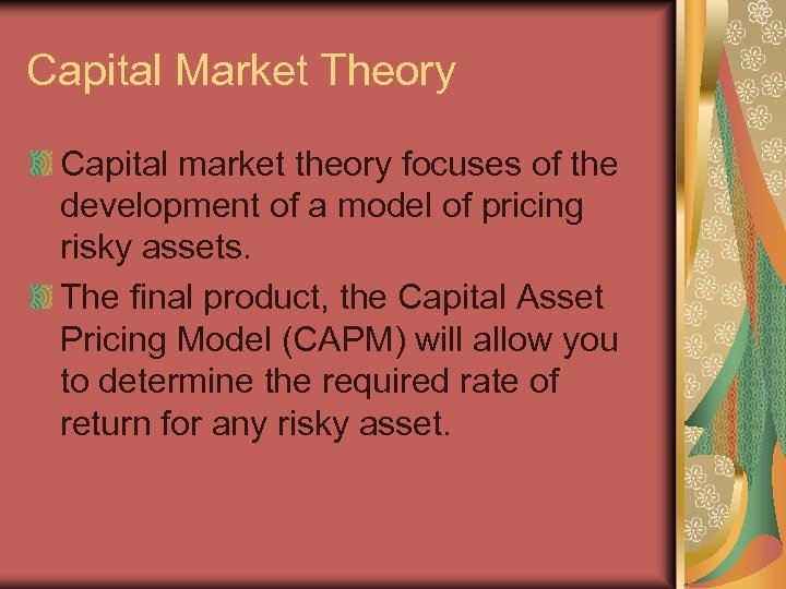 Capital Market Theory Capital market theory focuses of the development of a model of