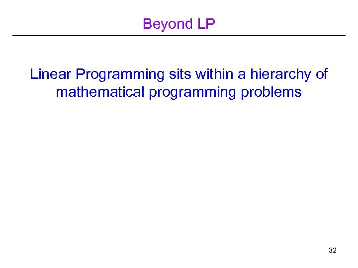 Beyond LP Linear Programming sits within a hierarchy of mathematical programming problems 32 