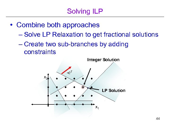 Solving ILP • Combine both approaches – Solve LP Relaxation to get fractional solutions