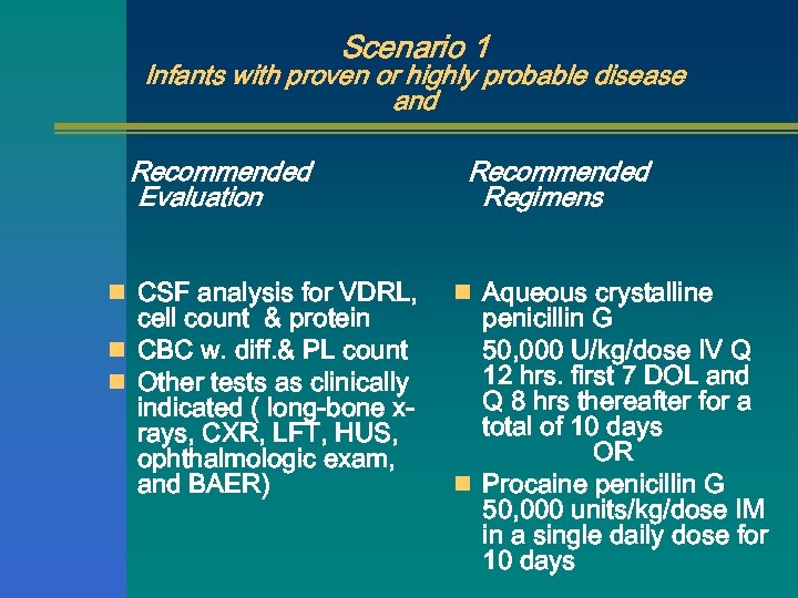 Scenario 1 Infants with proven or highly probable disease and Recommended Evaluation n CSF
