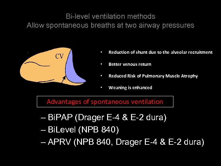 Bi-level ventilation methods Allow spontaneous breaths at two airway pressures • Reduction of shunt