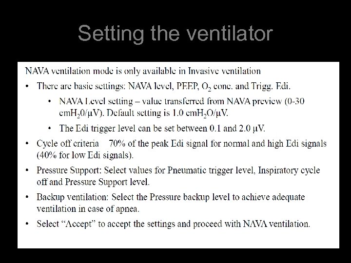 Setting the ventilator 
