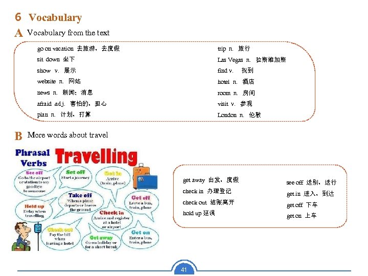 6 Vocabulary A Vocabulary from the text go on vacation 去旅游，去度假 sit down 坐下