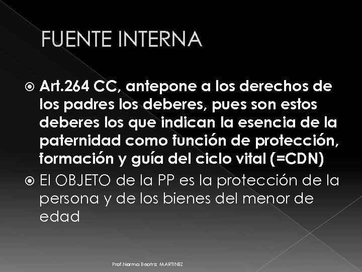 FUENTE INTERNA Art. 264 CC, antepone a los derechos de los padres los deberes,