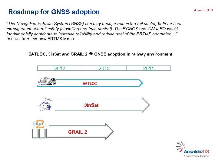 Roadmap for GNSS adoption Ansaldo STS “The Navigation Satellite System (GNSS) can play a