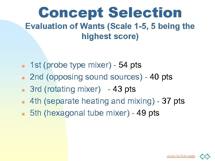 Concept Selection Evaluation of Wants (Scale 1 -5, 5 being the highest score) n
