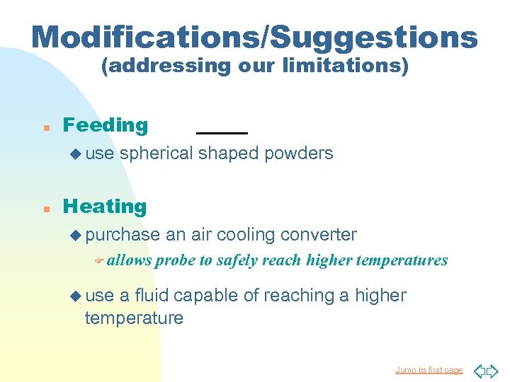 Modifications/Suggestions (addressing our limitations) n Feeding u use n spherical shaped powders Heating u