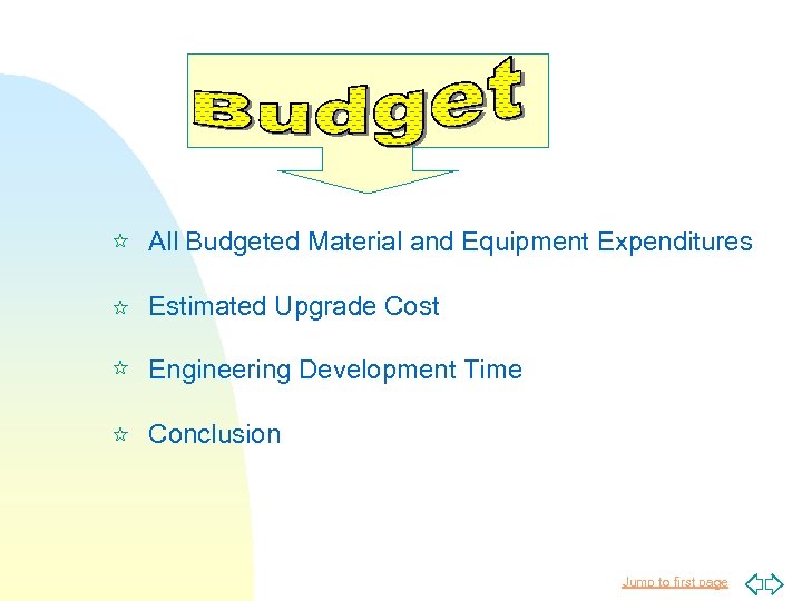 Budget All Budgeted Material and Equipment Expenditures Estimated Upgrade Cost Engineering Development Time Conclusion