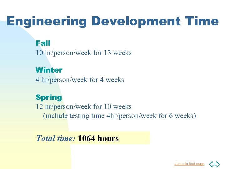 Engineering Development Time Fall 10 hr/person/week for 13 weeks Winter 4 hr/person/week for 4