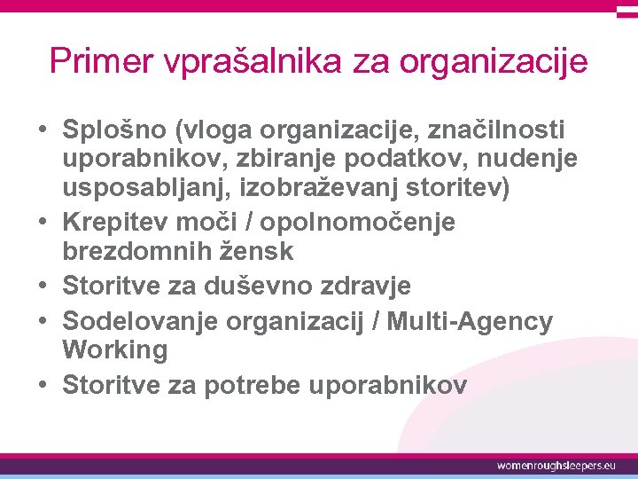Primer vprašalnika za organizacije • Splošno (vloga organizacije, značilnosti uporabnikov, zbiranje podatkov, nudenje usposabljanj,