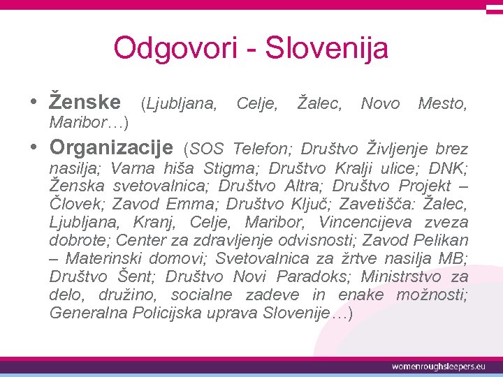 Odgovori - Slovenija • Ženske (Ljubljana, Celje, Žalec, Novo Mesto, Maribor…) • Organizacije (SOS