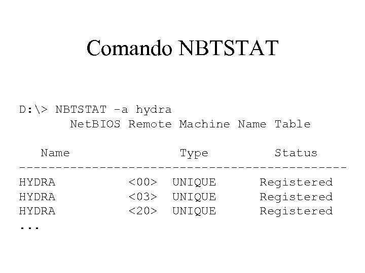 Comando NBTSTAT D: > NBTSTAT -a hydra Net. BIOS Remote Machine Name Table Name