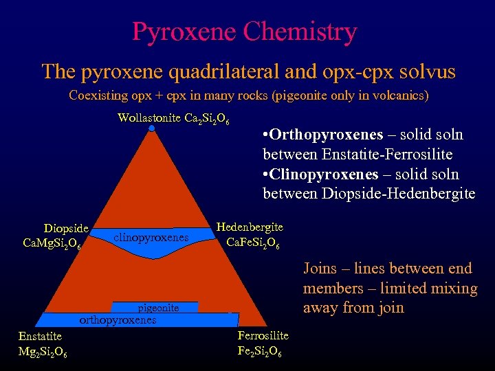 Pyroxene Chemistry The pyroxene quadrilateral and opx-cpx solvus Coexisting opx + cpx in many