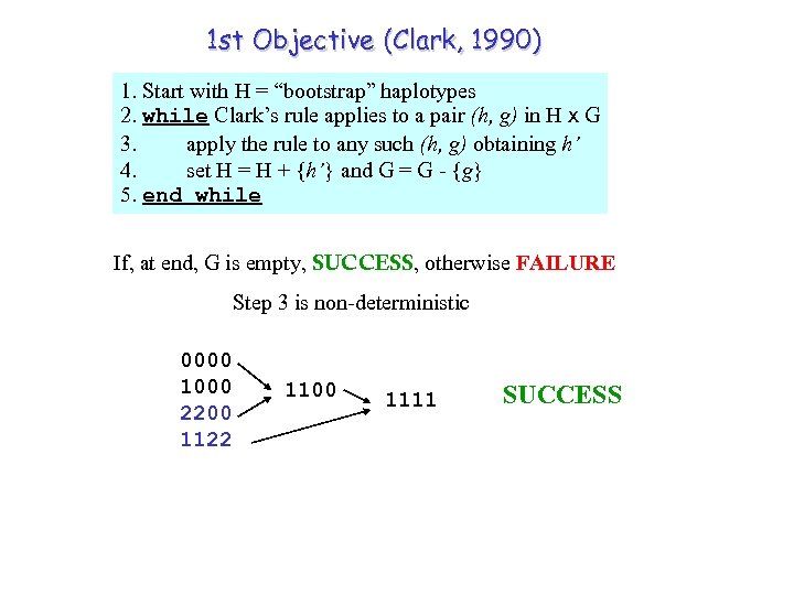 1 st Objective (Clark, 1990) 1. Start with H = “bootstrap” haplotypes 2. while