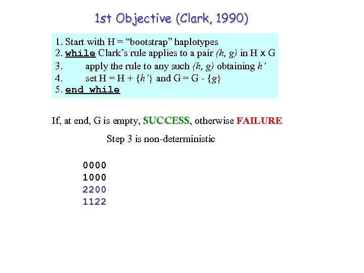 1 st Objective (Clark, 1990) 1. Start with H = “bootstrap” haplotypes 2. while