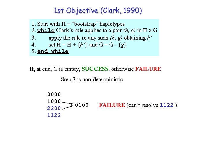 1 st Objective (Clark, 1990) 1. Start with H = “bootstrap” haplotypes 2. while